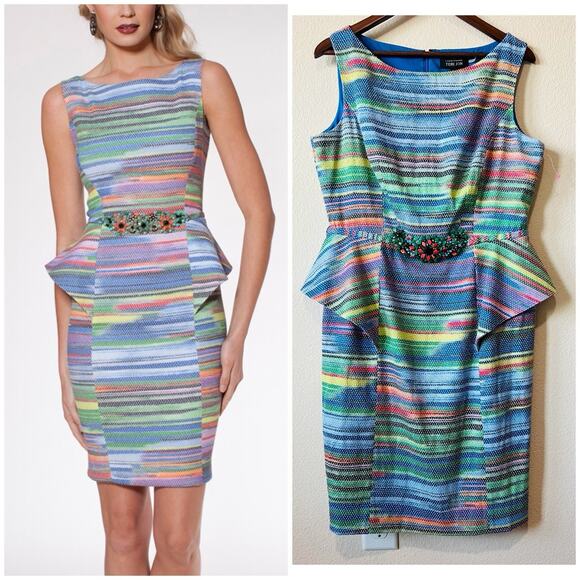 Rickie Freeman Teri John Multicolor Peplum Sheath Dress with Beaded Waist Sz 14 - Picture 1 of 13